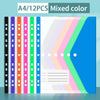 A4 loose-leaf file bags in mixed colors with binding rings displayed on a light blue background.
