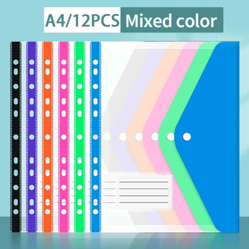 A4 loose-leaf file bags in mixed colors with binding rings displayed on a light blue background.