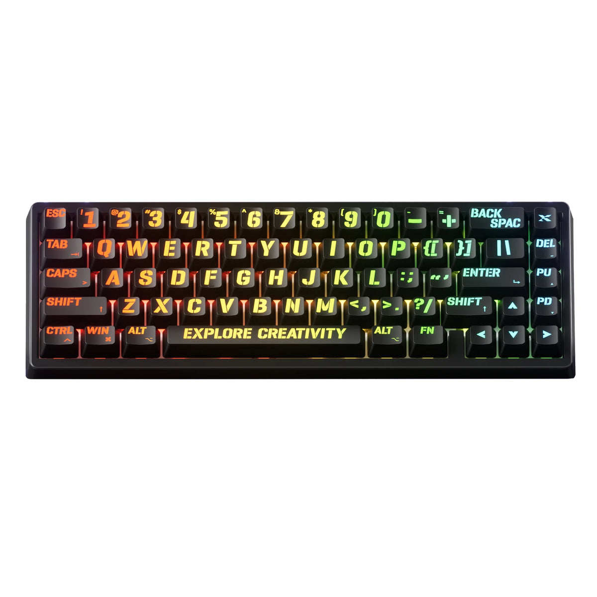 A black mechanical keyboard with RGB backlighting and various function keys is shown.