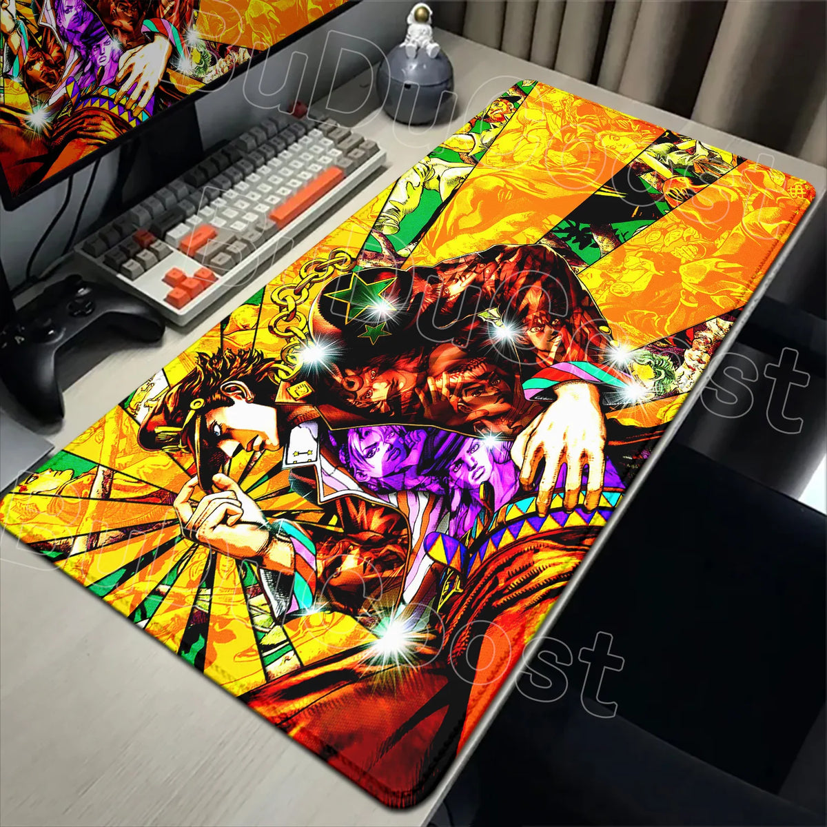 Anime-inspired XXL gaming mouse pad featuring vibrant colors and character art on a desk.