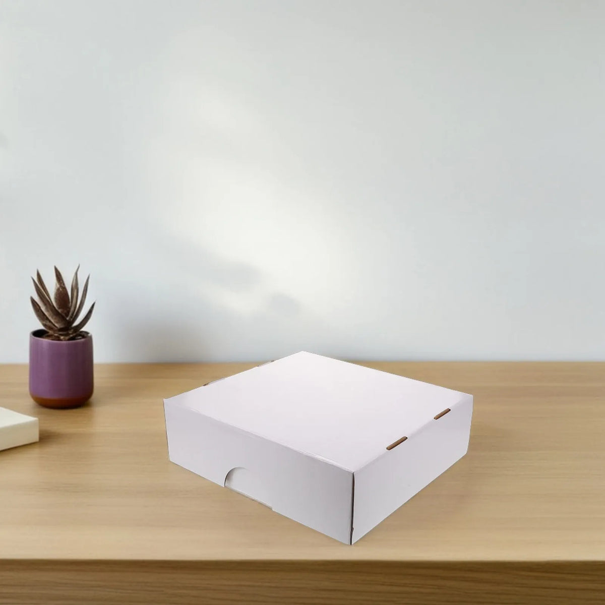 Una caja rectangular blanca para almacenar cartas de trading está colocada sobre una mesa de madera junto a una pequeña plant
