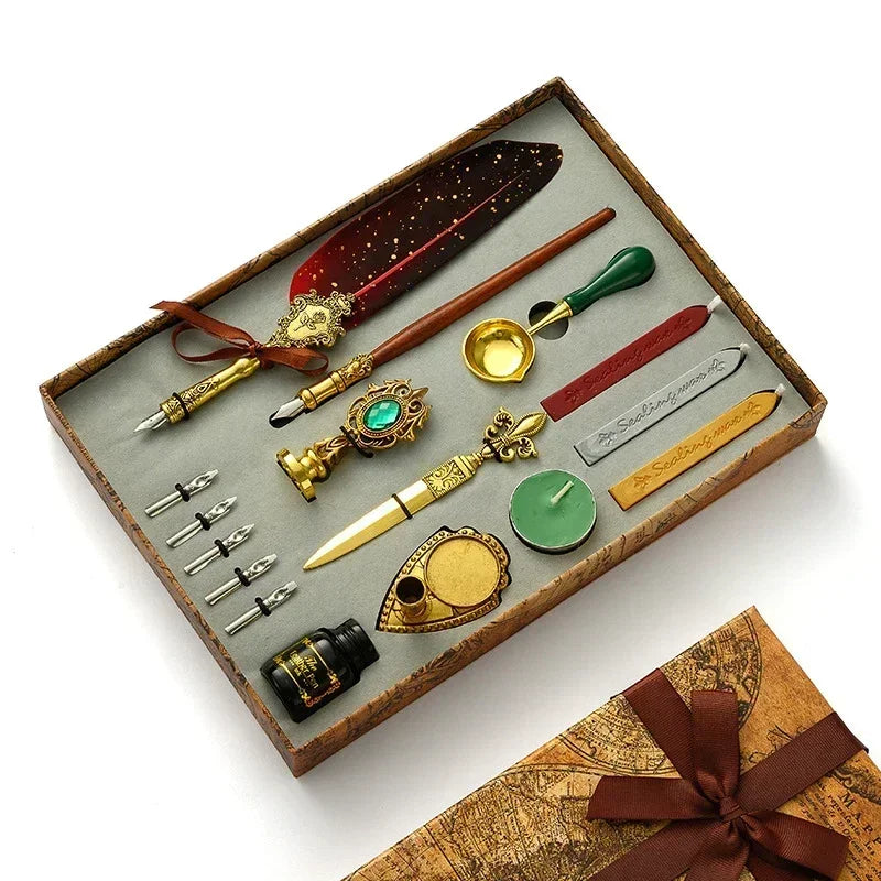 A luxury fountain pen set with a wax seal kit displayed in a wooden tray.