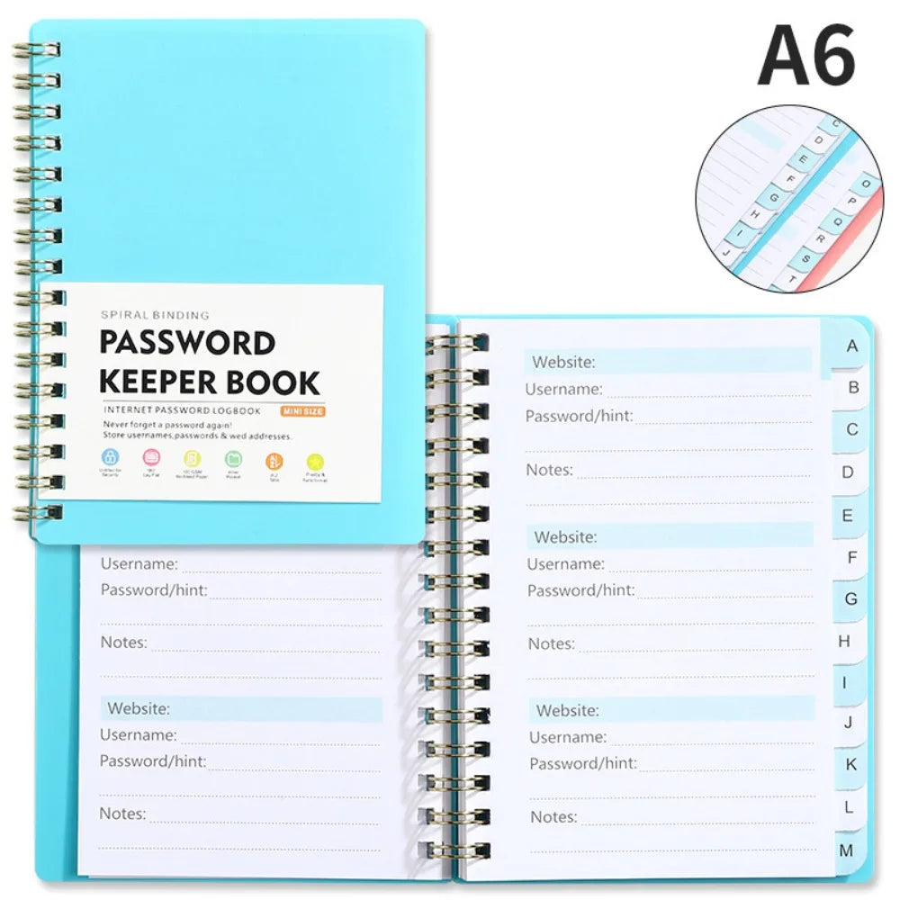 A6 spiral binding password keeper notebook with alphabetical tabs and lined pages