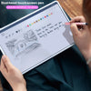 A hand holds a dual-head touch-screen pen writing on a tablet displaying text and drawings.
