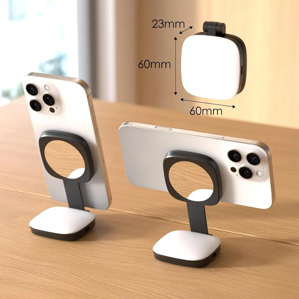 Ein weißes Smartphone ist auf einem Ständer mit integrierter LED-Lampe montiert, das seine Abmessungen zeigt.