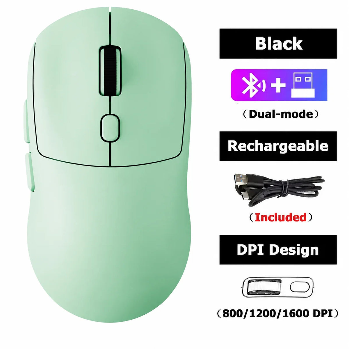Souris sans fil rechargeable noire dual-mode avec coque vert clair et réglages DPI