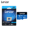 A Lexar 64GB microSDXC UHS-I memory card packaged in a blue and black plastic case.