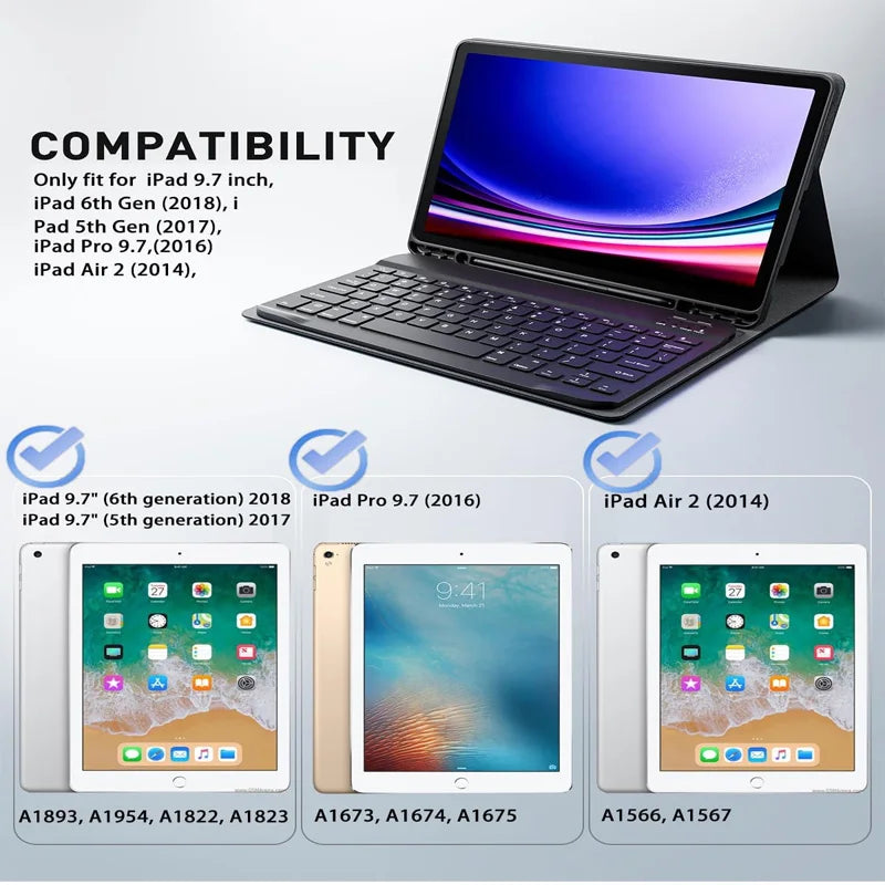 A black iPad 9.7-inch keyboard case with a detachable wireless keyboard shown alongside compatible iPads.