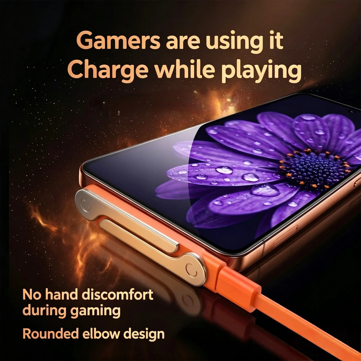 An orange 2-in-1 fast charging USB-C adapter with a foldable stand is shown charging a smartphone while gaming.