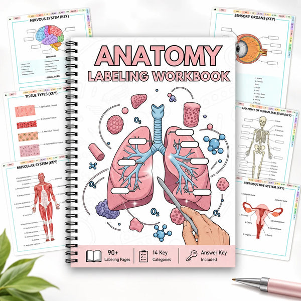 Anatomy labeling workbook with illustrations of the human respiratory and skeletal systems.