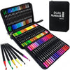 A black zippered case containing a set of 36 dual-tip brush markers in various vibrant colors for art and calligraphy.