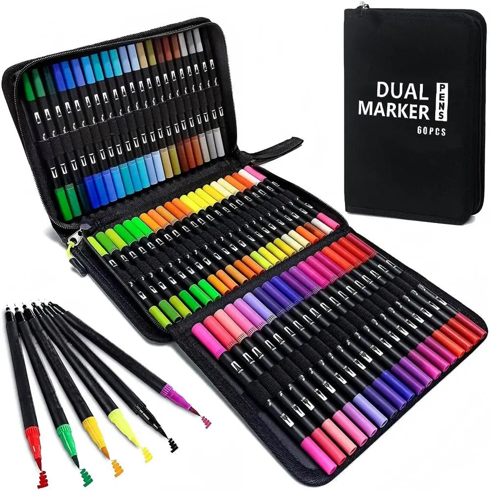 A black zippered case containing a set of 36 dual-tip brush markers in various vibrant colors for art and calligraphy.