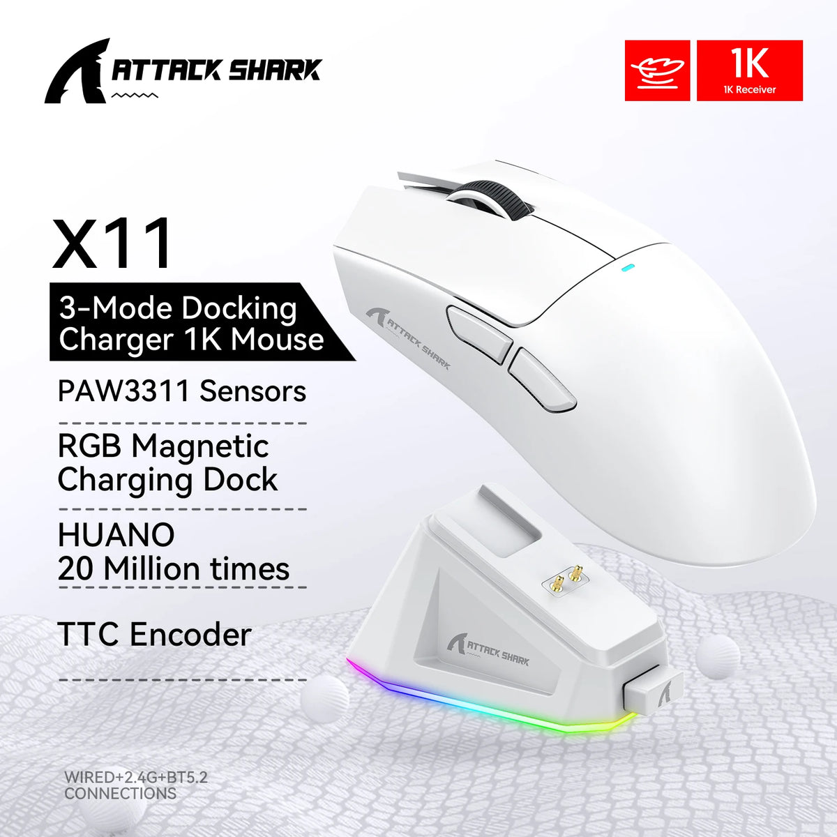White Attack Shark X11 wireless gaming mouse with an RGB magnetic charging dock and TTC encoder