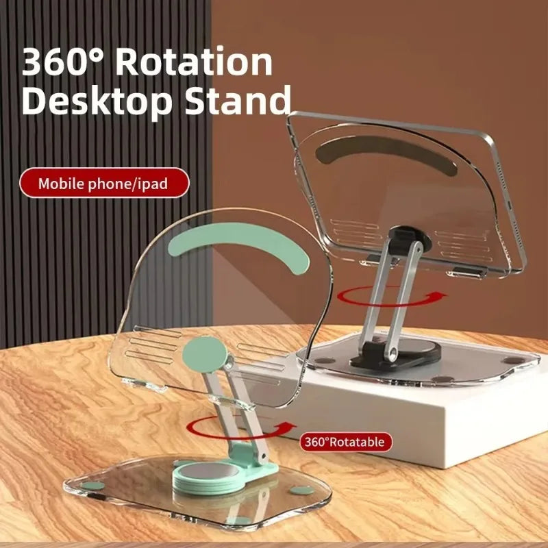 A clear acrylic 360° rotatable desktop stand for mobile phones and iPads.