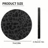 A round, black leopard print non-slip leather coaster and a vertical black leather item are shown with size measurements.