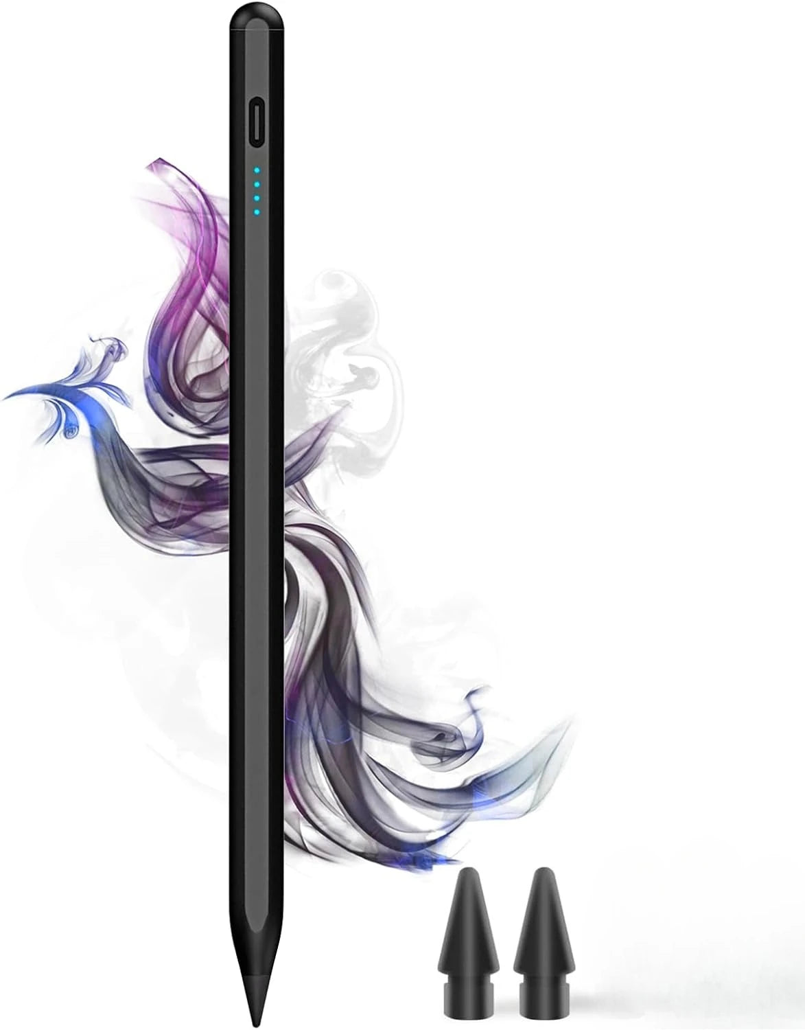 A black precision stylus with a tapered tip is shown against a white background.