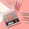 A set of 12 vibrant glitter gel pens in various colors is displayed on a pink surface.
