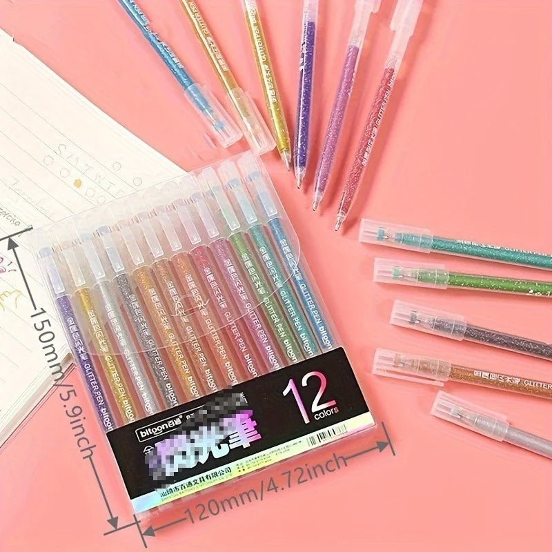 A set of 12 vibrant glitter gel pens in various colors is displayed on a pink surface.