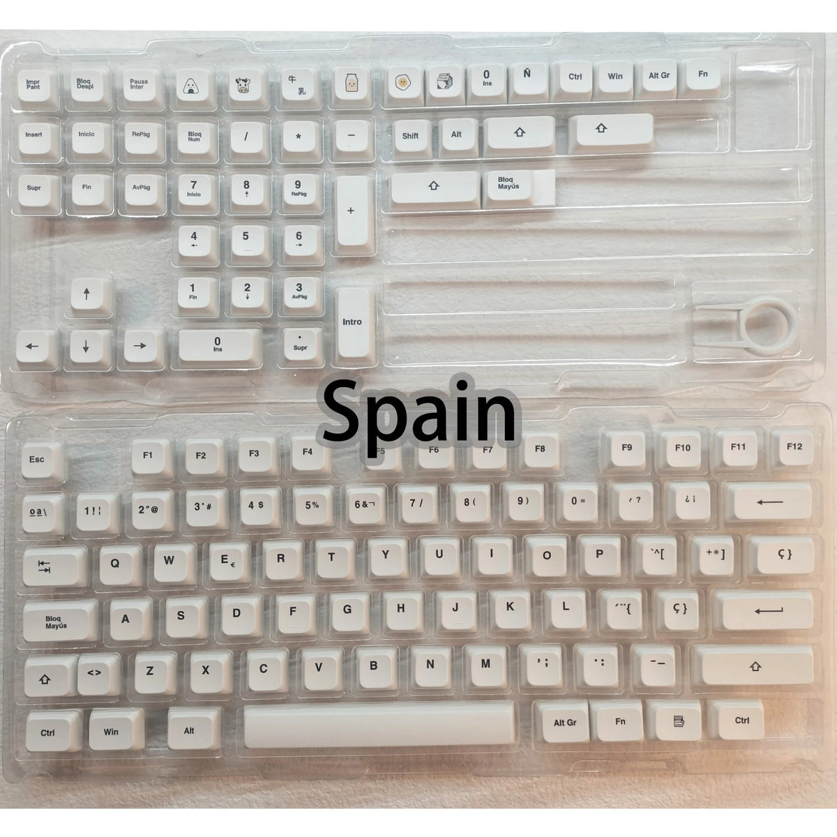 Nahaufnahme eines kompletten Satzes mehrsprachiger PBT-Tastenkappen für eine mechanische Tastatur mit verschiedenen Layouts u