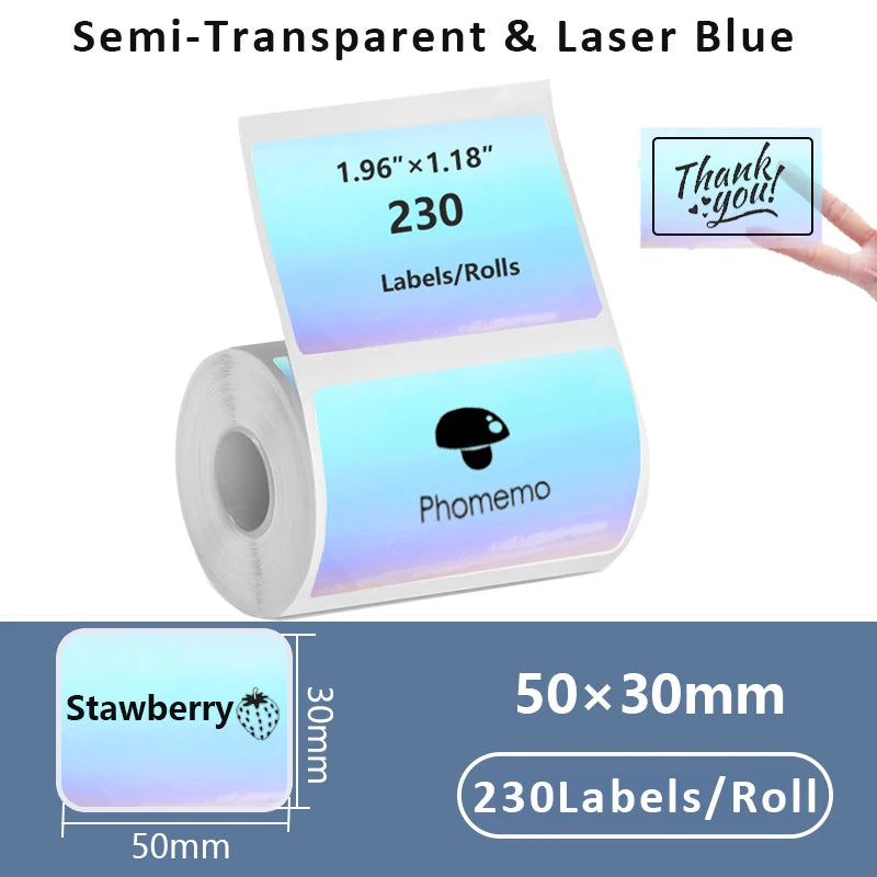 Rollo de etiquetas de papel térmico autoadhesivas de color azul láser semitransparente con un mensaje de agradecimiento