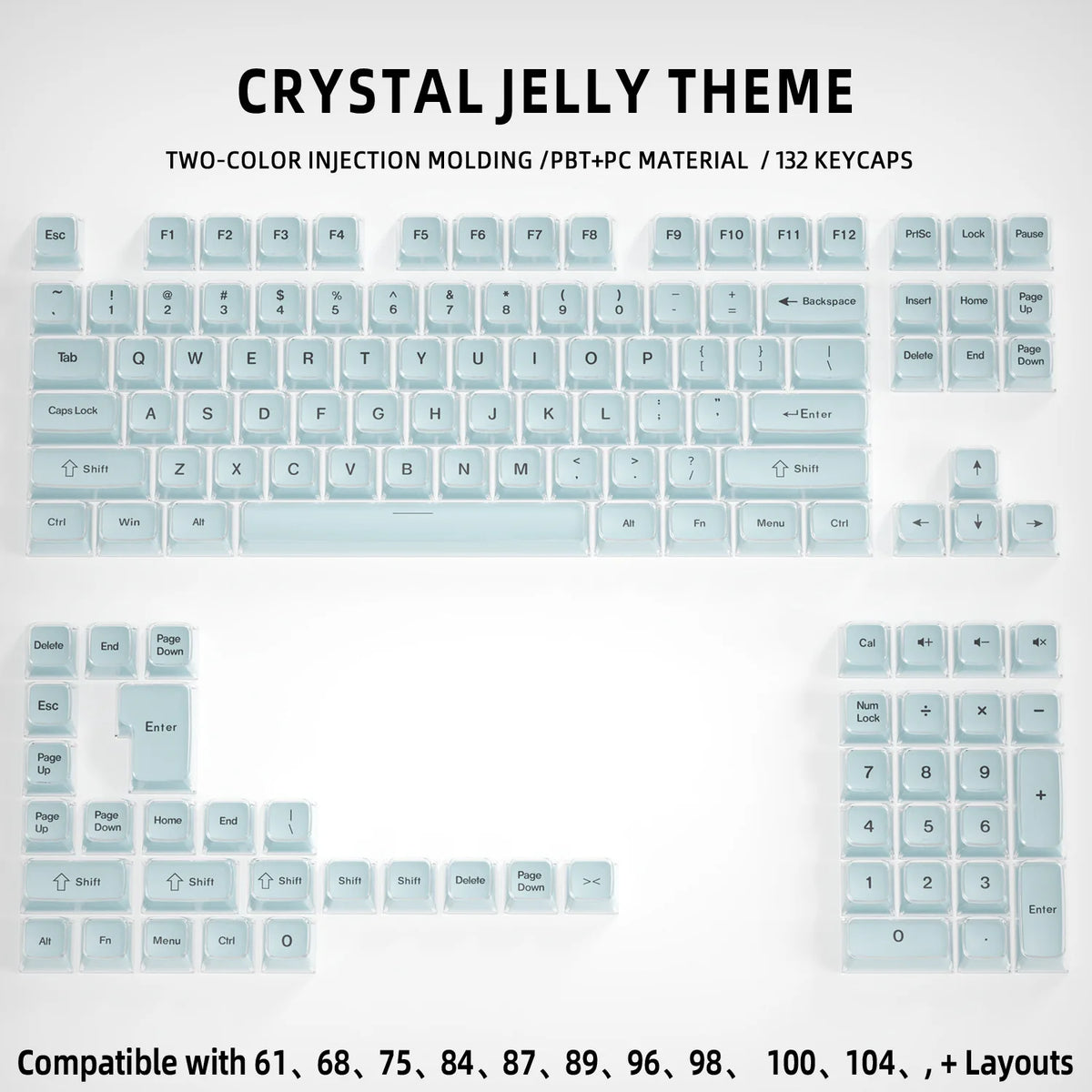 A white mechanical keyboard featuring crystal jelly theme keycaps and various layout options.