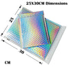A stack of iridescent rainbow foil bubble mailers showing the 25x30cm dimensions.