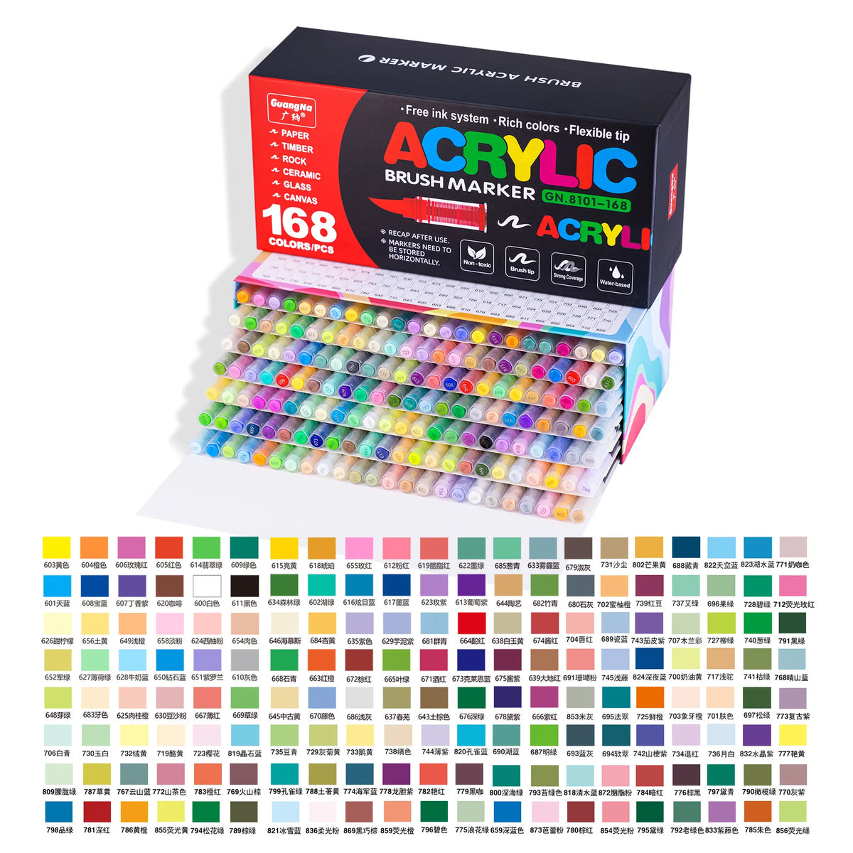 A box of 168 acrylic brush markers in various colors and tips for DIY art projects