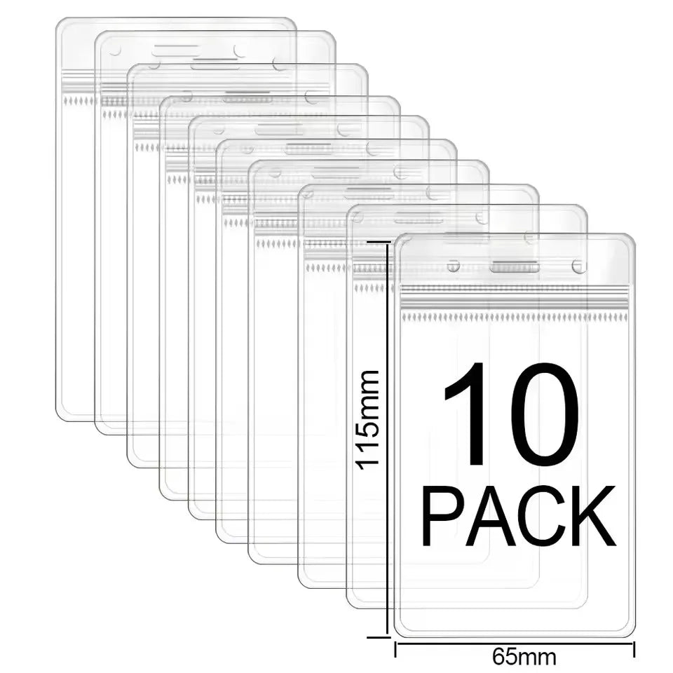 A stack of ten clear plastic ID card holder sleeves for protection and storage.