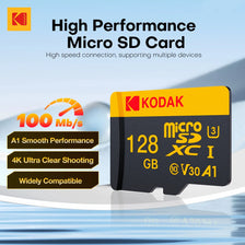 Carte Micro SD Kodak noire avec marquage jaune et spécifications pour enregistrement haute performance.