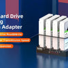 A black 4-bay hard drive docking station adapter with multiple white hard drive slots displayed on a blue background.