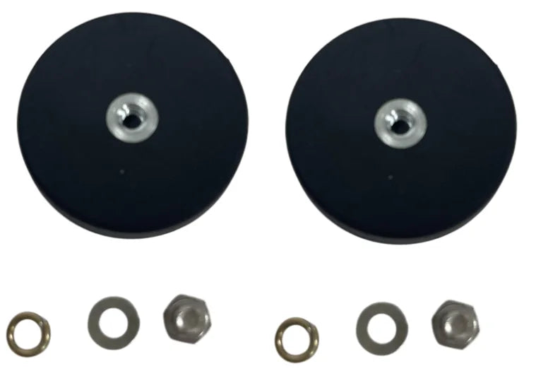 Two black magnetic base mount brackets with silver mounting posts and various small metal rings and brackets.