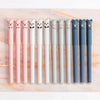 A set of 10 panda-themed gel pens with various colors and designs arranged in a row on a marble surface.