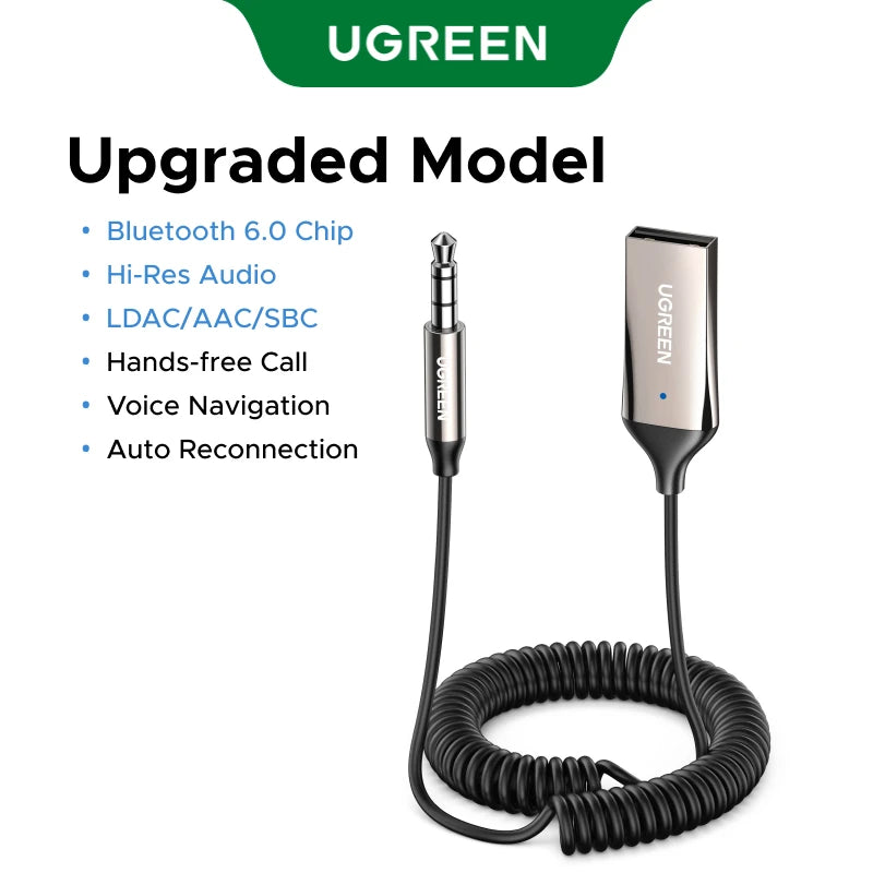 A black Bluetooth car audio adapter with a connector and a coiled cable is shown.