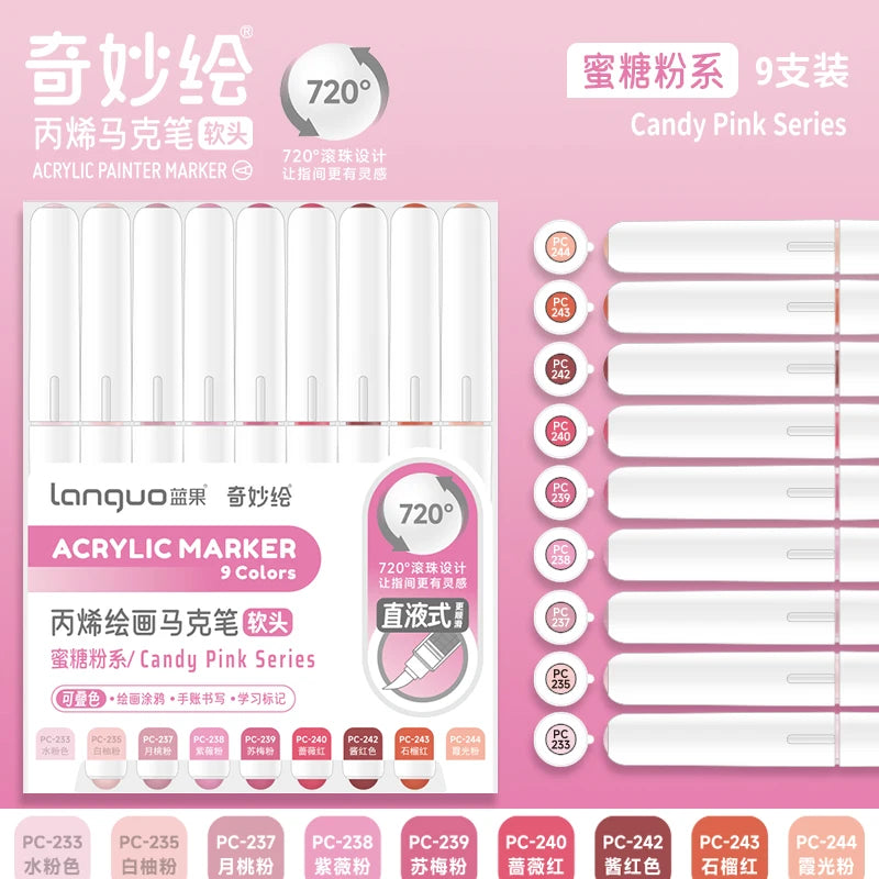 A set of 9 colored acrylic paint markers in pink and other colors, featuring a 720 degree design.