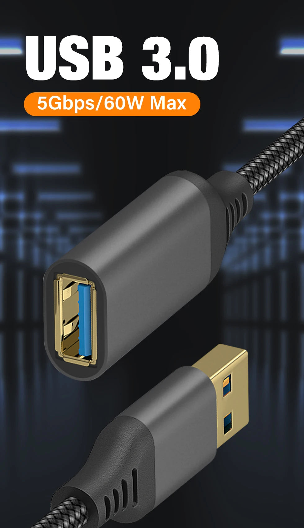 A close-up view of a black USB 3.0 extension cable with a gold connector, showing the braided nylon wire.