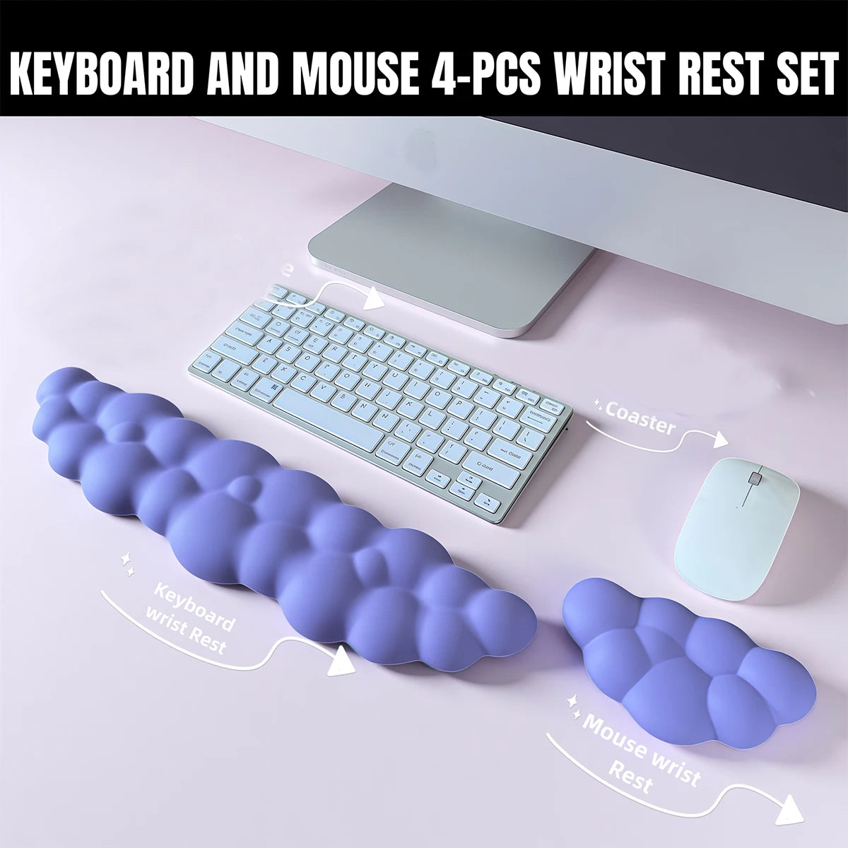 A set of four memory foam wrist rest pads for keyboard and mouse, including a keyboard, mouse, and three separate rests.