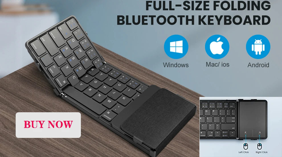 Klappbare Bluetooth-Tastatur auf Holzoberfläche mit Kompatibilitätssymbolen für Windows, Mac/iOS und Android