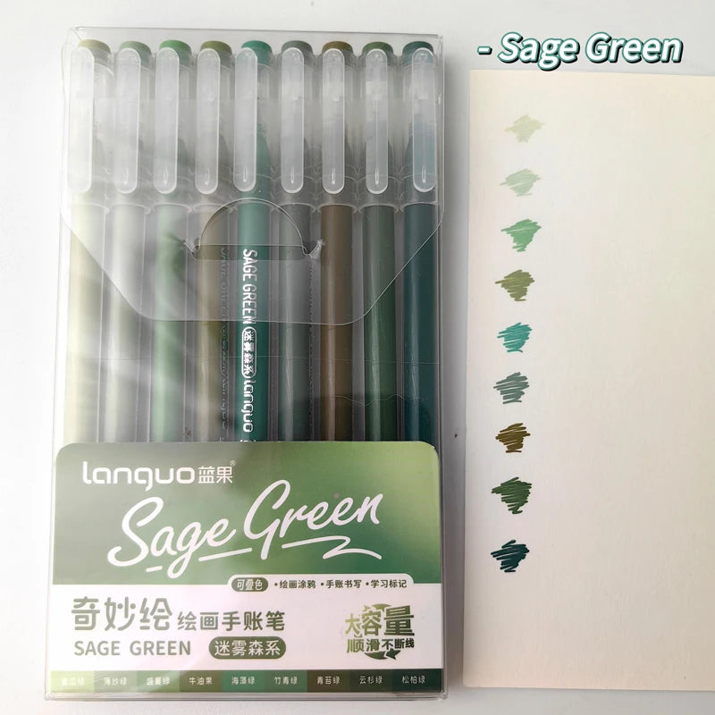 A set of nine green gel pens in a clear plastic case labeled Sage Green