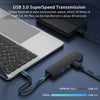 A black USB 3.0 hub adapter is shown connected to a laptop, demonstrating high-speed data transmission.