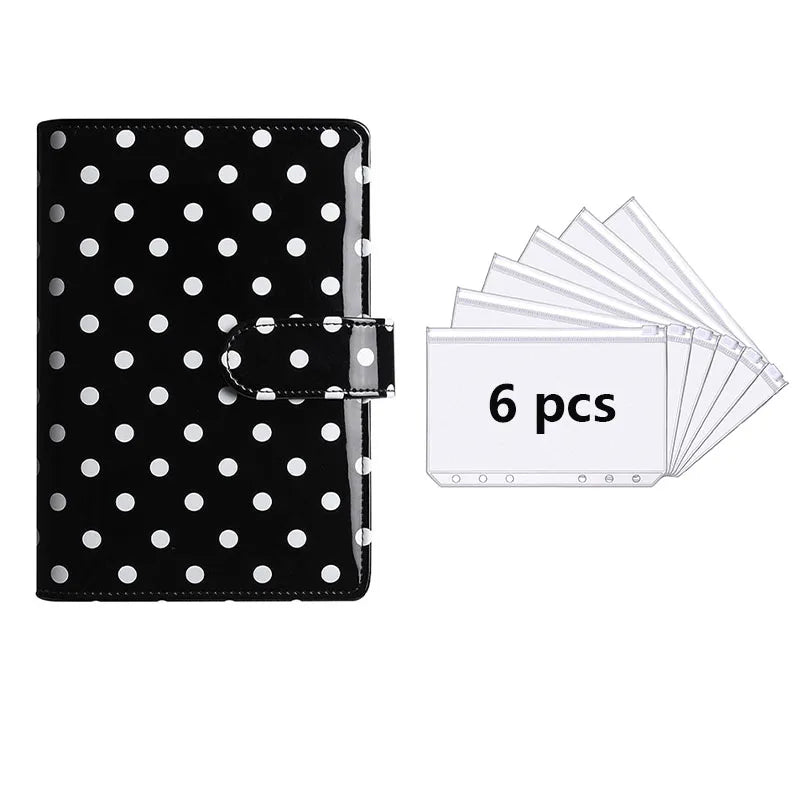Black reusable PU leather binder with cash pockets and multiple clear plastic cards.