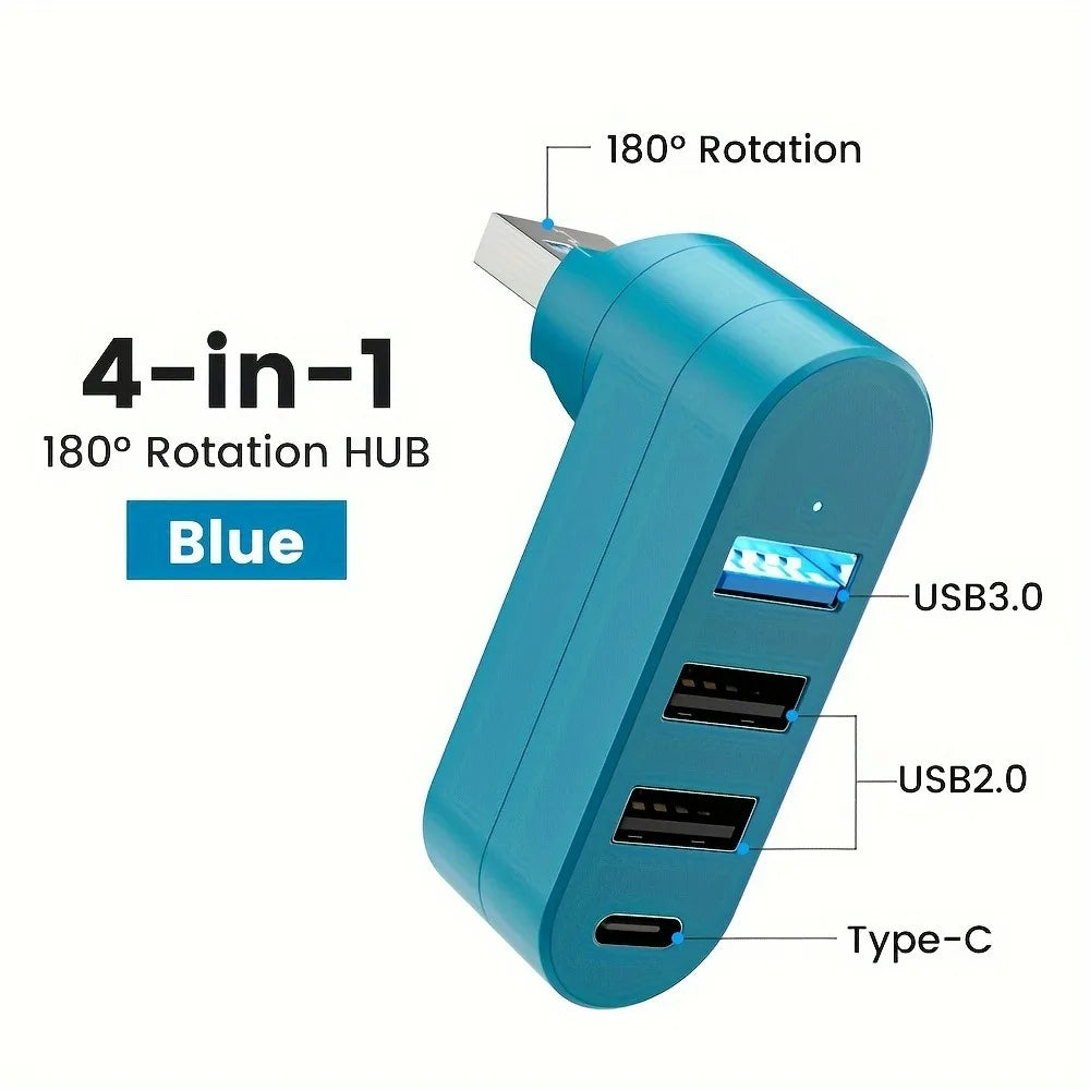 A blue 4-in-1 USB hub featuring 180° rotation and ports for USB 3.0, USB 2.0, and Type-C connections.