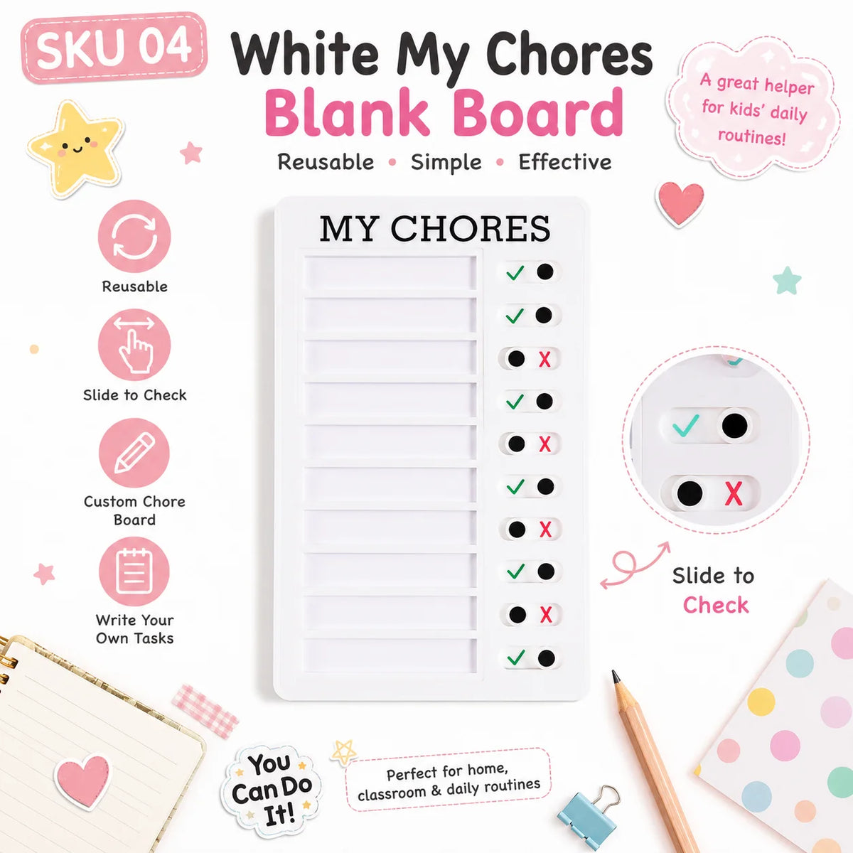 A white blank board titled My Chores with checkboxes for tracking daily tasks and routines.