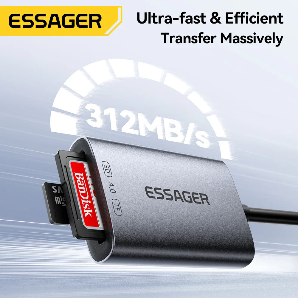 An ESSAGER SD card reader device showing a speed indicator of 312MB/s