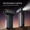 A black emergency lighting device is shown illuminating a dark area, emphasizing its light beam.