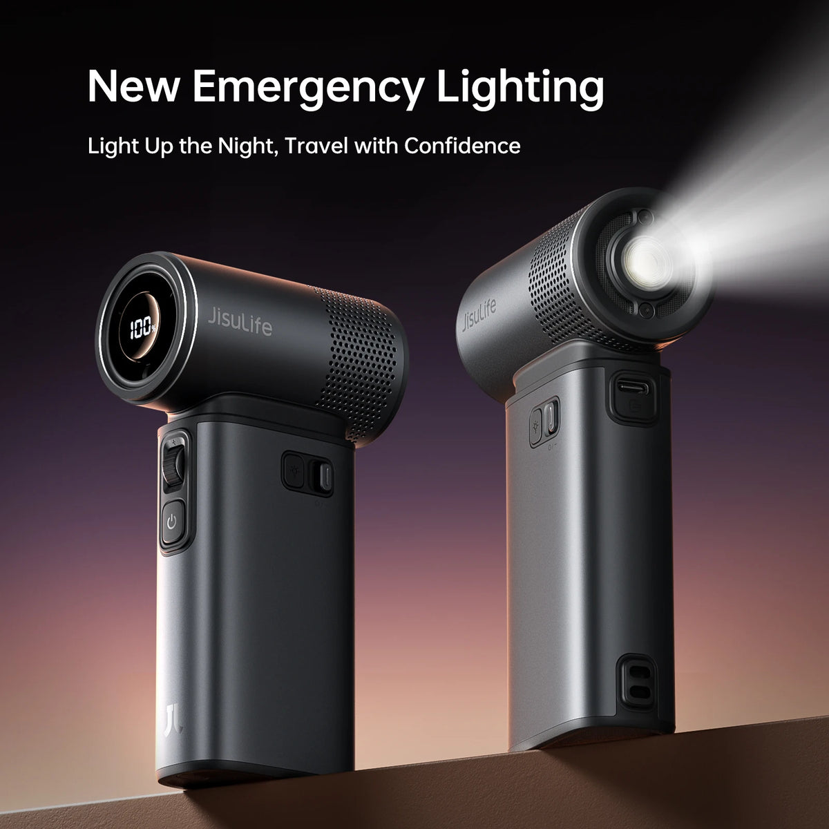 A black emergency lighting device is shown illuminating a dark area, emphasizing its light beam.