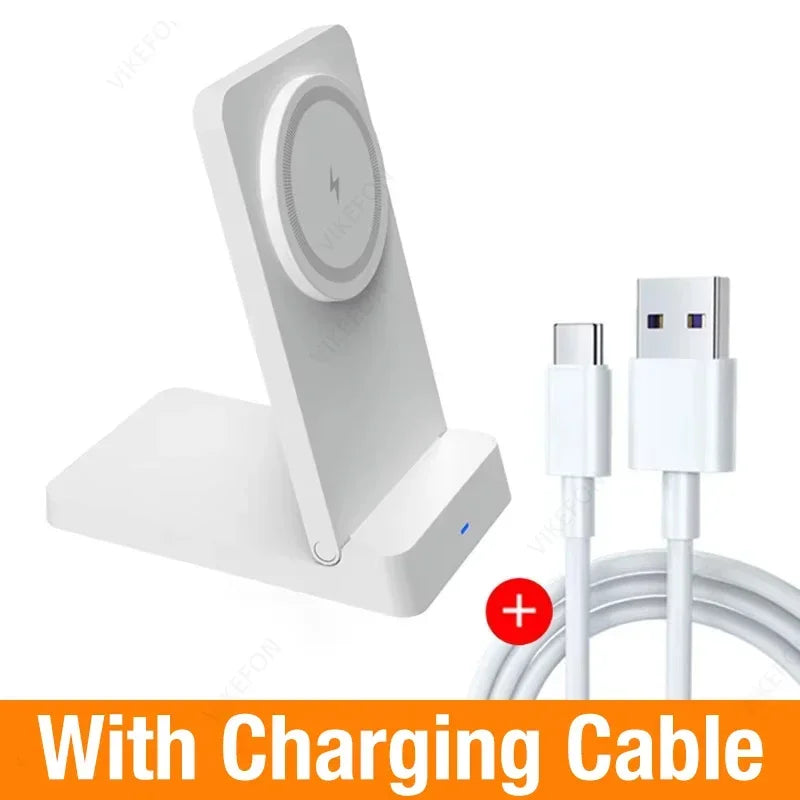 A white magnetic foldable wireless charging stand with a charging cable.