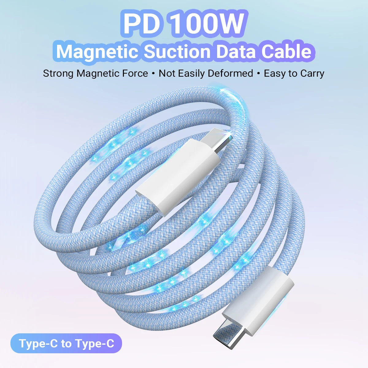 A blue magnetic suction data cable with a Type-C to Type-C connector coiled up.