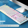 A white low profile wired gaming keyboard with colorful mixed light features gap character double light.