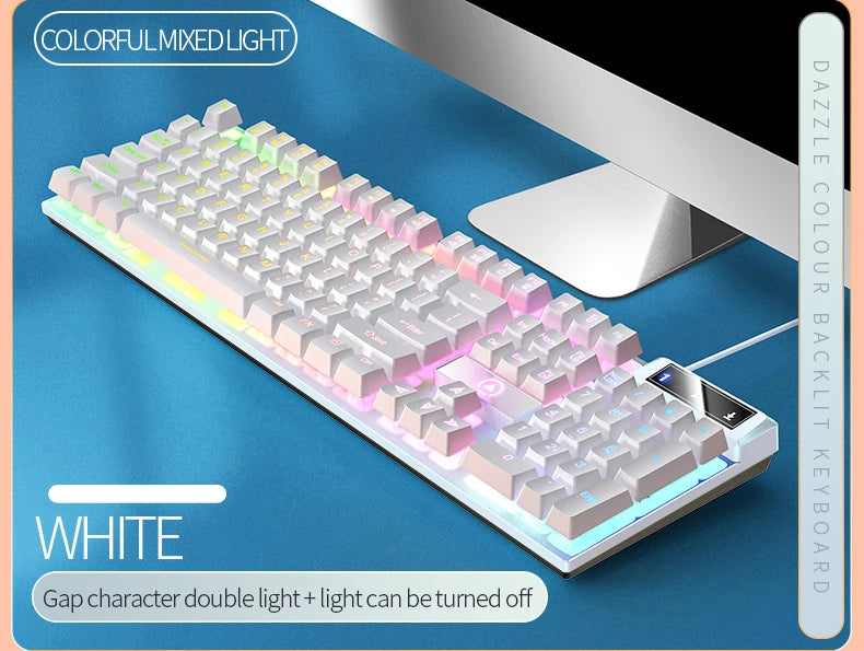 A white low profile wired gaming keyboard with colorful mixed light features gap character double light.