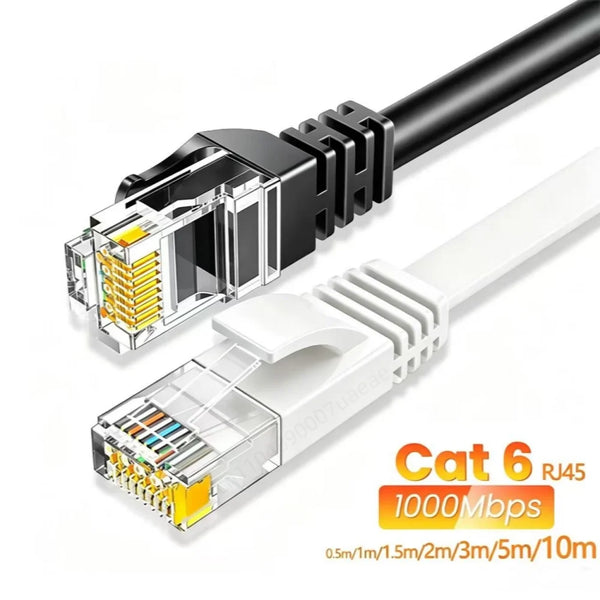 Black and white Cat 6 RJ45 Ethernet cable with connectors for networking